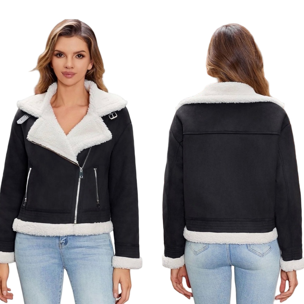 🎠DIASHINY Faux leather jacket shearing fur winter coat fur lined black L NWT